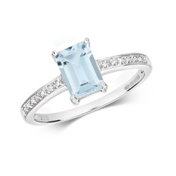 Diamond & Aquamarine With Pave Set Shoulders Ring In 9ct White Gold 