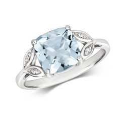 Diamond & Aquamarine Cushion With Split Shoulders Ring In 9ct White Gold 