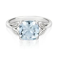 Diamond & Aquamarine Cushion With Split Shoulders Ring In 9ct White Gold 