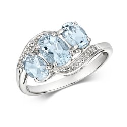 Diamond & Aquamarine Trilogy Wave Ring In 9ct White Gold 