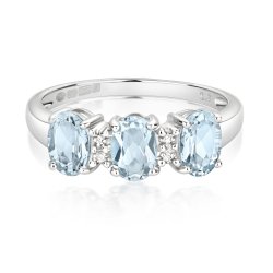 Diamond & Aquamarine Trilogy Ring In 9ct White Gold 
