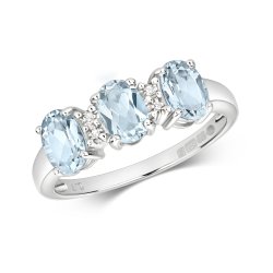 Diamond & Aquamarine Trilogy Ring In 9ct White Gold 