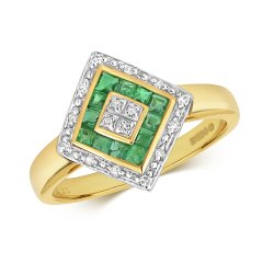Diamond & Emerald Princess Cut Losange Ring In 9ct Gold 
