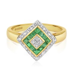 Diamond & Emerald Princess Cut Losange Ring In 9ct Gold 
