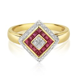 Diamond & Ruby Princess Cut Losange Ring In 9ct Gold 