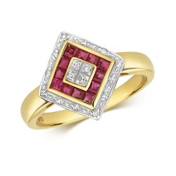 Diamond & Ruby Princess Cut Losange Ring In 9ct Gold 