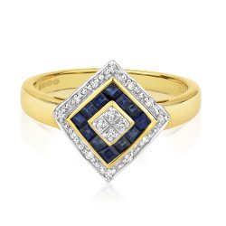 Diamond & Sapphire Princess Cut Losange Ring In 9ct Gold 