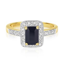 Diamond & Sapphire Halo With Pave Set Shoulders Ring In 9ct Gold 