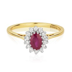 Diamond & Ruby Oval Cluster Ring In 9ct Gold 