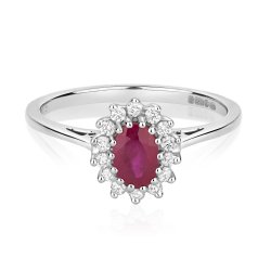 Diamond & Ruby Oval Cluster Ring In 9ct White Gold 