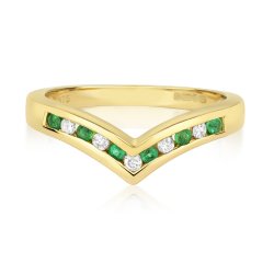 Diamond & Emerald Wishbone Ring In 9ct Gold 