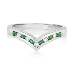 Diamond & Emerald Wishbone Ring In 9ct White Gold 