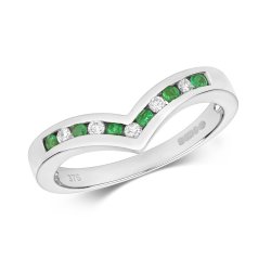 Diamond & Emerald Wishbone Ring In 9ct White Gold 