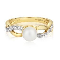 Diamond & Fresh Water Pearl Plaited Ring In 9ct Gold 