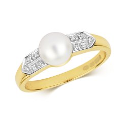 Diamond & Fresh Water Pearl Grain Set Shoulders Ring In 9ct Gold 