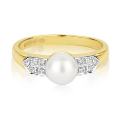 Diamond & Fresh Water Pearl Grain Set Shoulders Ring In 9ct Gold 
