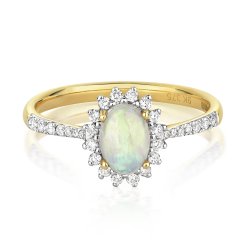 Diamond & Opal Oval Cluster Set Shoulders Ring In 9ct Gold 