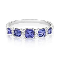 Diamond & Tanzanite Square 5 Stone Ring In 9ct White Gold 