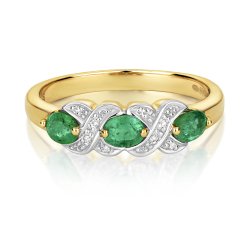Diamond & Emerald Oval Xx Design Trilogy Ring In 9ct Gold 