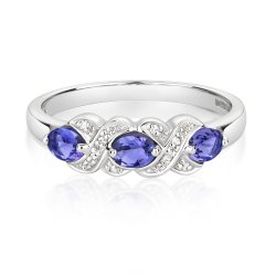 Diamond & Tanzanite Oval Xx Design Trilogy Ring In 9ct White Gold 
