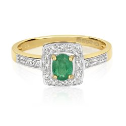 Diamond & Emerald Square Set Shoulders Ring In 9ct Gold 