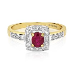 Diamond & Ruby Square Set Shoulders Ring In 9ct Gold 