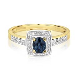 Diamond & Sapphire Square Set Shoulders Ring In 9ct Gold 