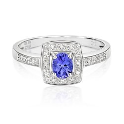 Diamond & Tanzanite Square Set Shoulders Ring In 9ct White Gold 