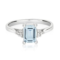 Diamond & Aquamarine Octagon With Triangular Sides Ring In 9ct White Gold 