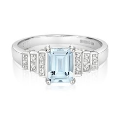Diamond & Aquamarine Octagon With Step Shoulders Ring In 9ct White Gold 