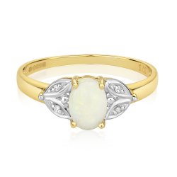 Diamond & Opal With Leaf Design Shoulders Ring In 9ct Gold 
