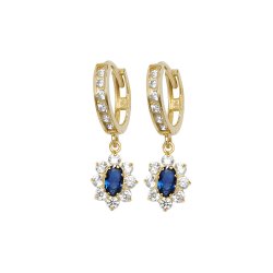 9ct Gold Oval Blue Cz Cluster Flower Style Drops 