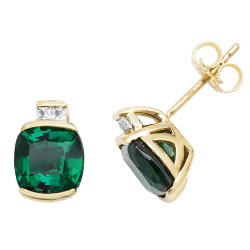 9ct Gold Cushion Created Emerald And White Sapphire Studs 