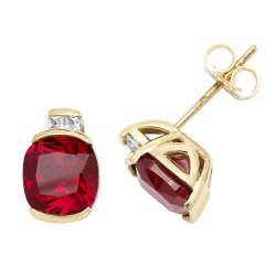 9ct Gold Cushion Created Ruby And White Sapphire Studs 