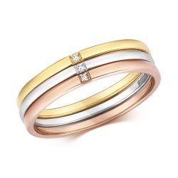 Diamond Set Of 3 Tricolour Ring In 9ct Gold 