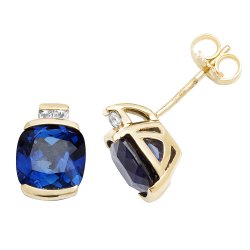 9ct Gold Cushion Created Sapphire And White Sapphire Studs 