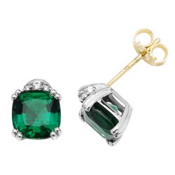 9ct Gold Cushion Created Emerald And White Sapphire Studs 