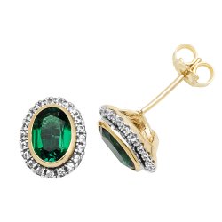 9ct Gold Oval Created Emerald And White Sapphire Studs 