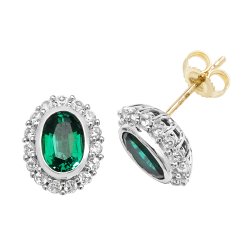 9ct Gold Oval Created Emerald And White Sapphire Studs 