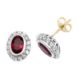 9ct Gold Oval Created Ruby And White Sapphire Studs 