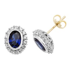 9ct Gold Oval Created Sapphire And White Sapphire Studs 