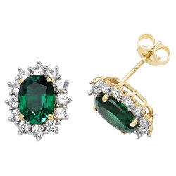 9ct Gold Oval Created Emerald And White Sapphire Studs 