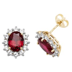 9ct Gold Oval Created Ruby And White Sapphire Studs 