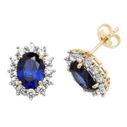 9ct Gold Oval Created Sapphire And White Sapphire Studs 