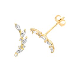 9ct Gold Cz Leaf Climber Studs 