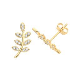 9ct Gold Cz Leaf Studs 