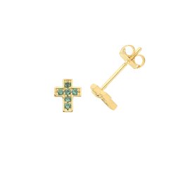 9ct Gold Green Cz Cross Studs 