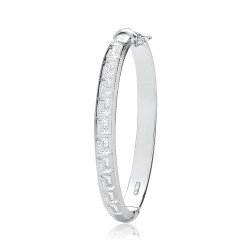 Silver Ladies' Oval Greek Design Hinged Bangle 