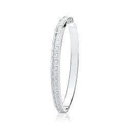 Silver Ladies' Oval Greek Design Hinged Bangle 