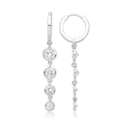 Silver Rhodium Plated Cz Drop Hinged Earrings 